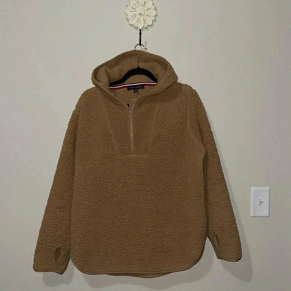 Tommy Hilfiger Hooded Sherpa quarter zip, medium, oversized. Mocha brown. GUC - Picture 1 of 11